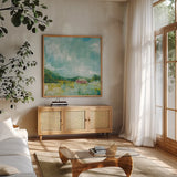 Horizon Farm by Sue Schlabach. Shown in a natural wood frame in a cozy modern living room. Available as an archival giclee rolled canvas, fine art paper, or poster print. SKU 35340a.