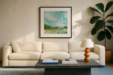 Horizon Farm by Sue Schlabach. Displayed in a glass frame with matte in a clean modern living room. Available as an archival giclee rolled canvas, fine art paper, or poster print. SKU 35340a.
