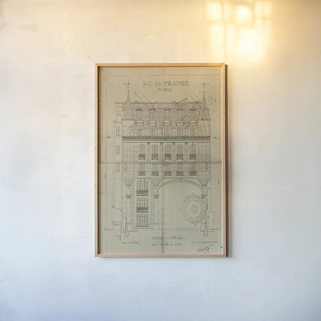 Ile de Paris Quai Henri II v2 by Sue Schlabach. shown as a paper print in a natural frame. Available as a archival giclee rolled canvas, fine art paper, or poster print. SKU 44866h.