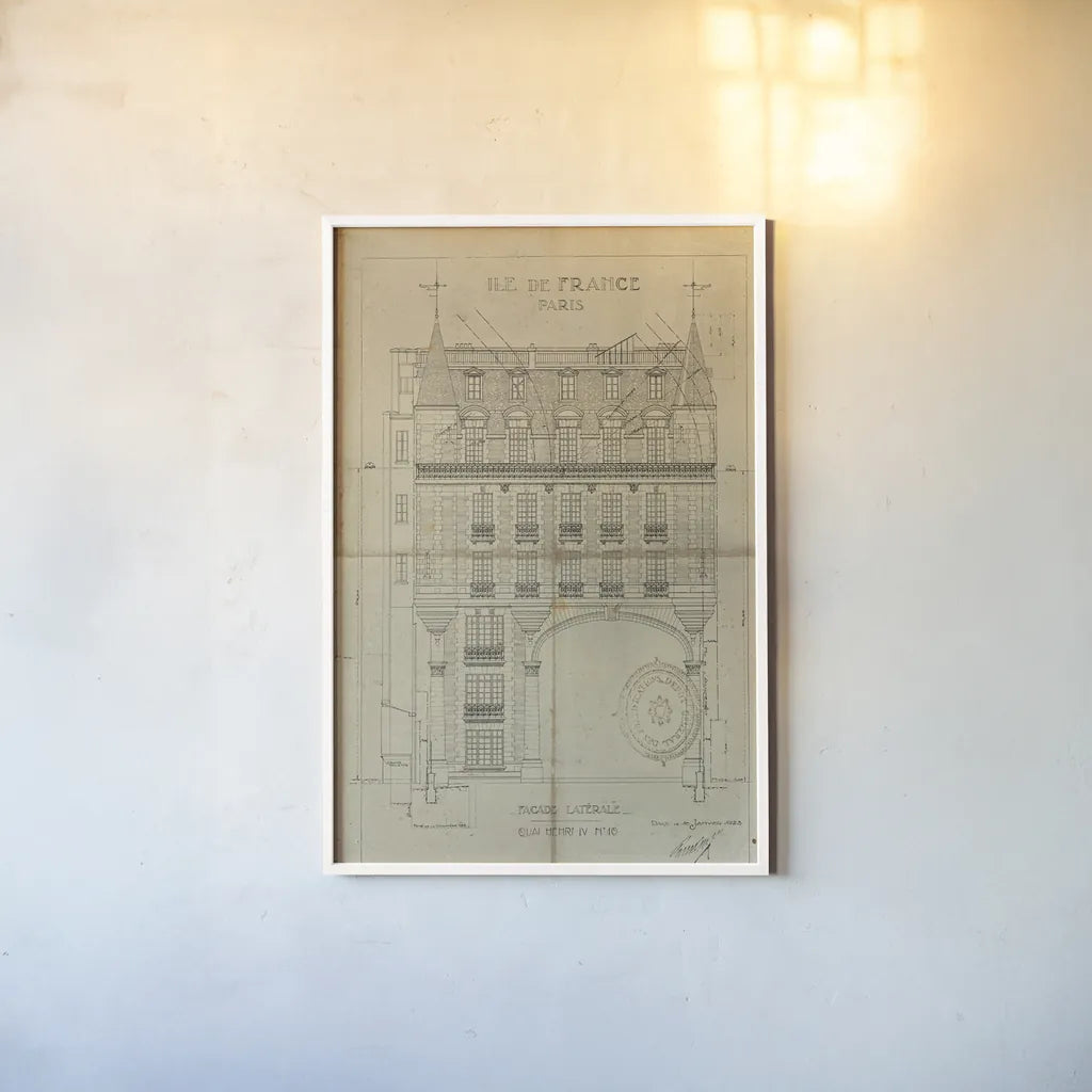 Ile de Paris Quai Henri II v2 by Sue Schlabach. shown as a paper print in a white frame. Available as a archival giclee rolled canvas, fine art paper, or poster print. SKU 44866h.