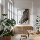 In Halter by Sue Schlabach. shown as a print in a natural wood frame in a dining room. Available as a archival giclee rolled canvas, fine art paper, or poster print. SKU 58271h.