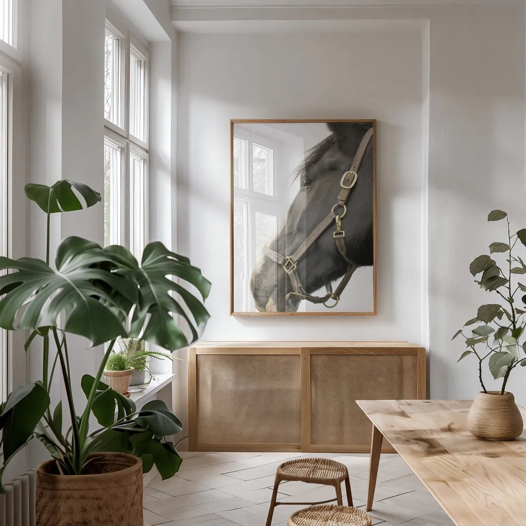 In Halter by Sue Schlabach. shown as a print in a natural wood frame in a dining room. Available as a archival giclee rolled canvas, fine art paper, or poster print. SKU 58271h.