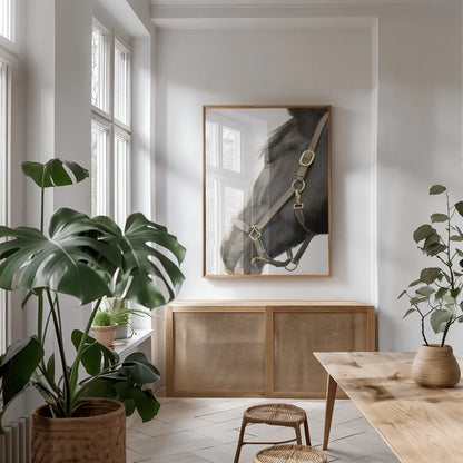 In Halter by Sue Schlabach. shown as a print in a natural wood frame in a dining room. Available as a archival giclee rolled canvas, fine art paper, or poster print. SKU 58271h.