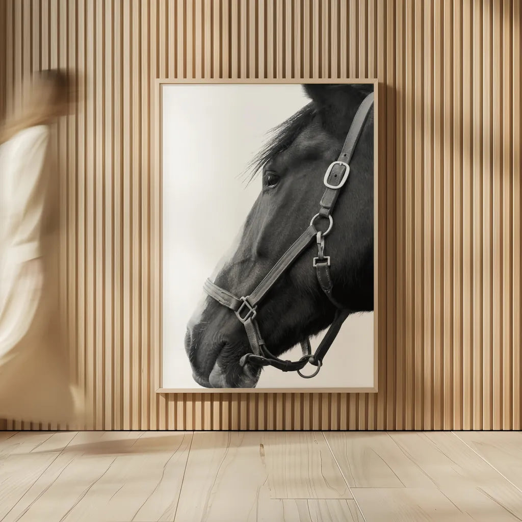 In Halter BW by Sue Schlabach. shown as over sized large wall art. Available as an archival giclee rolled canvas, fine art paper, or poster print. SKU 76409h.