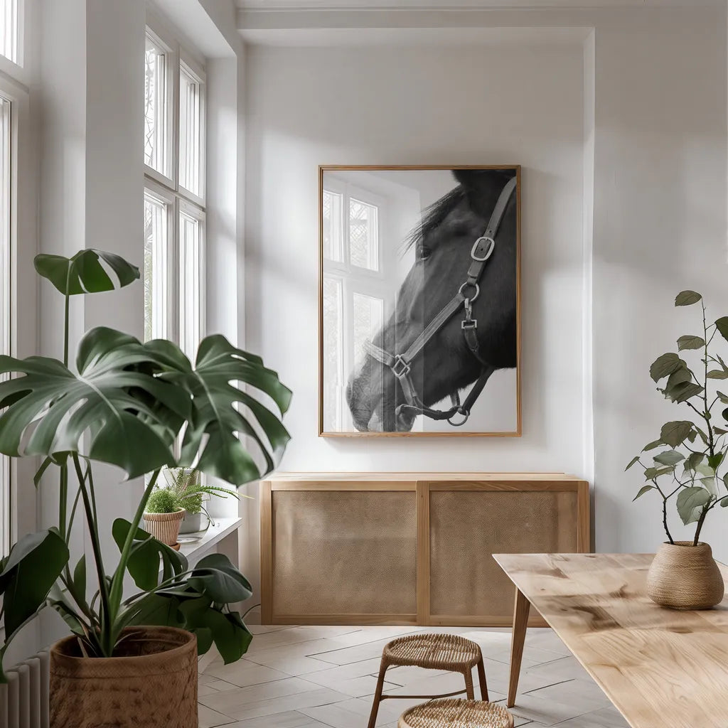In Halter BW by Sue Schlabach. shown as a print in a natural wood frame in a dining room. Available as a archival giclee rolled canvas, fine art paper, or poster print. SKU 76409h.