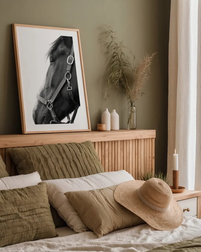 In Halter BW by Sue Schlabach. shown as a paper print in a natural frame. Available as a archival giclee rolled canvas, fine art paper, or poster print. SKU 76409h.