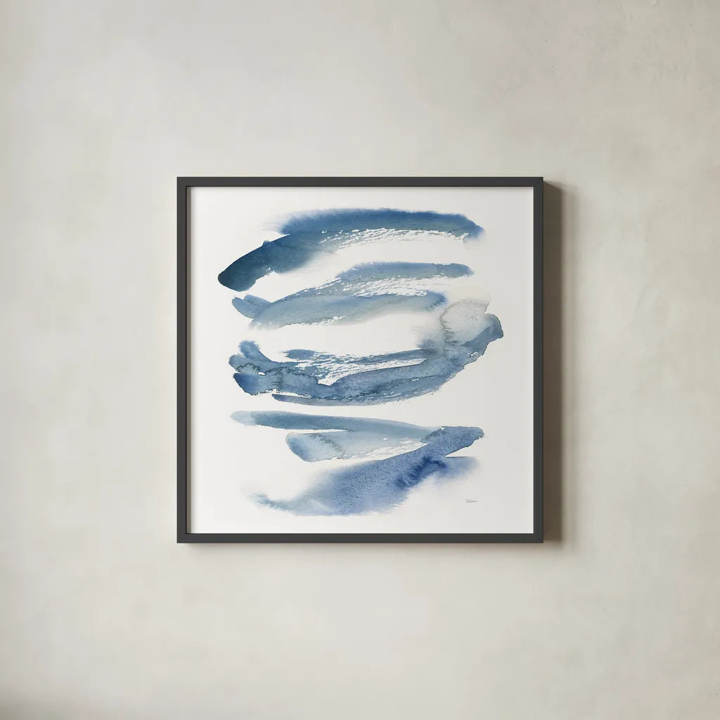 Indigo Waves by Sue Schlabach. Shown in a sleek black glass frame for a contemporary gallery look. Available as an archival giclee rolled canvas, fine art paper, or poster print. SKU 30246a.