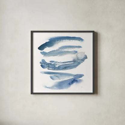 Indigo Waves by Sue Schlabach. Shown in a sleek black glass frame for a contemporary gallery look. Available as an archival giclee rolled canvas, fine art paper, or poster print. SKU 30246a.