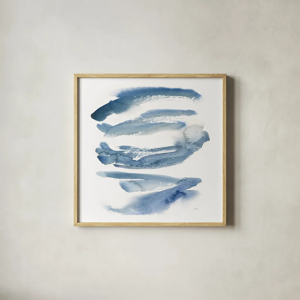 Indigo Waves by Sue Schlabach. Shown in a natural wood glass frame for a timeless modern aesthetic. Available as an archival giclee rolled canvas, fine art paper, or poster print. SKU 30246a.