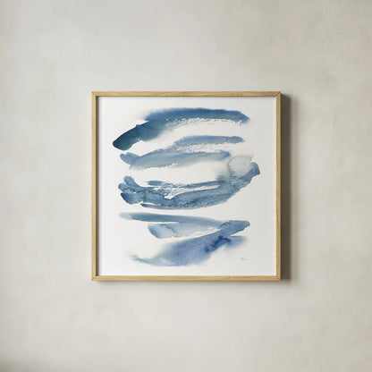 Indigo Waves by Sue Schlabach. Shown in a natural wood glass frame for a timeless modern aesthetic. Available as an archival giclee rolled canvas, fine art paper, or poster print. SKU 30246a.
