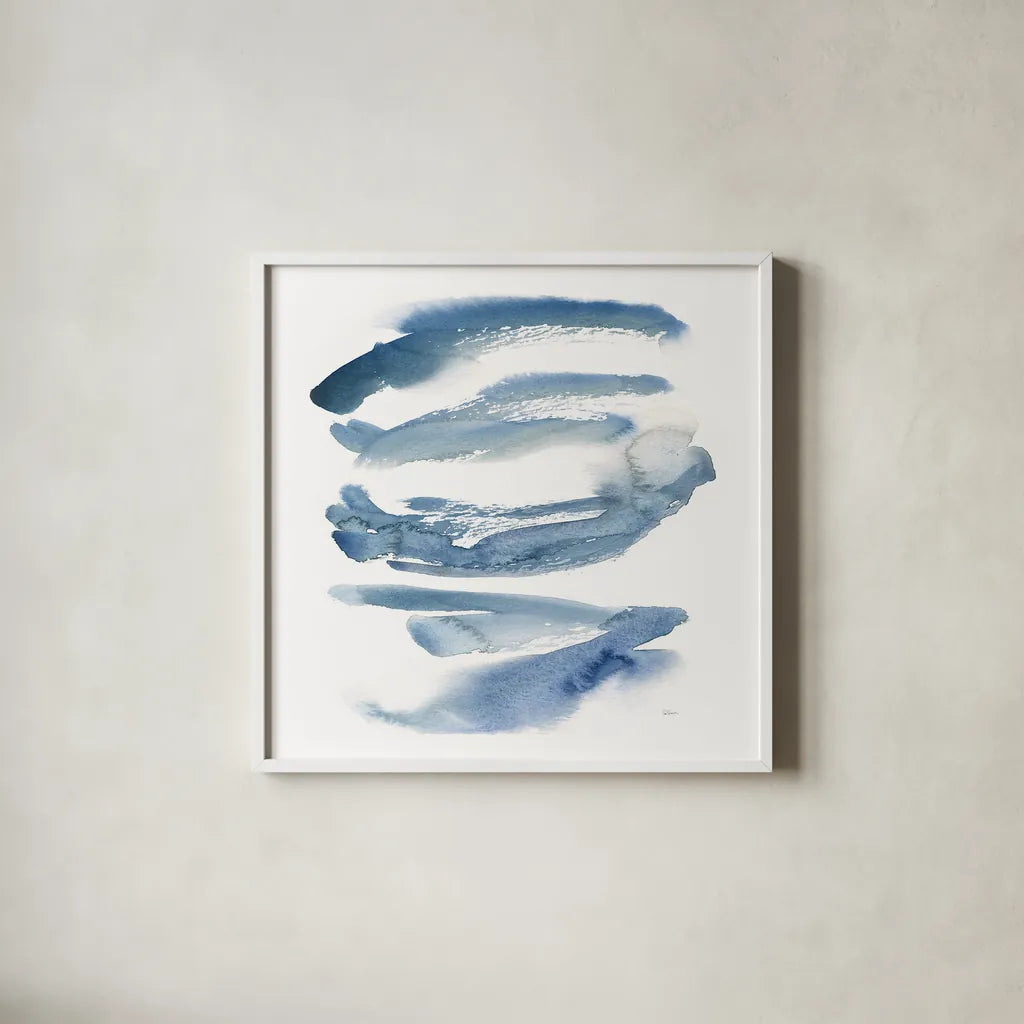 Indigo Waves by Sue Schlabach. Shown in a crisp white glass frame for a clean and minimalist style. Available as an archival giclee rolled canvas, fine art paper, or poster print. SKU 30246a.