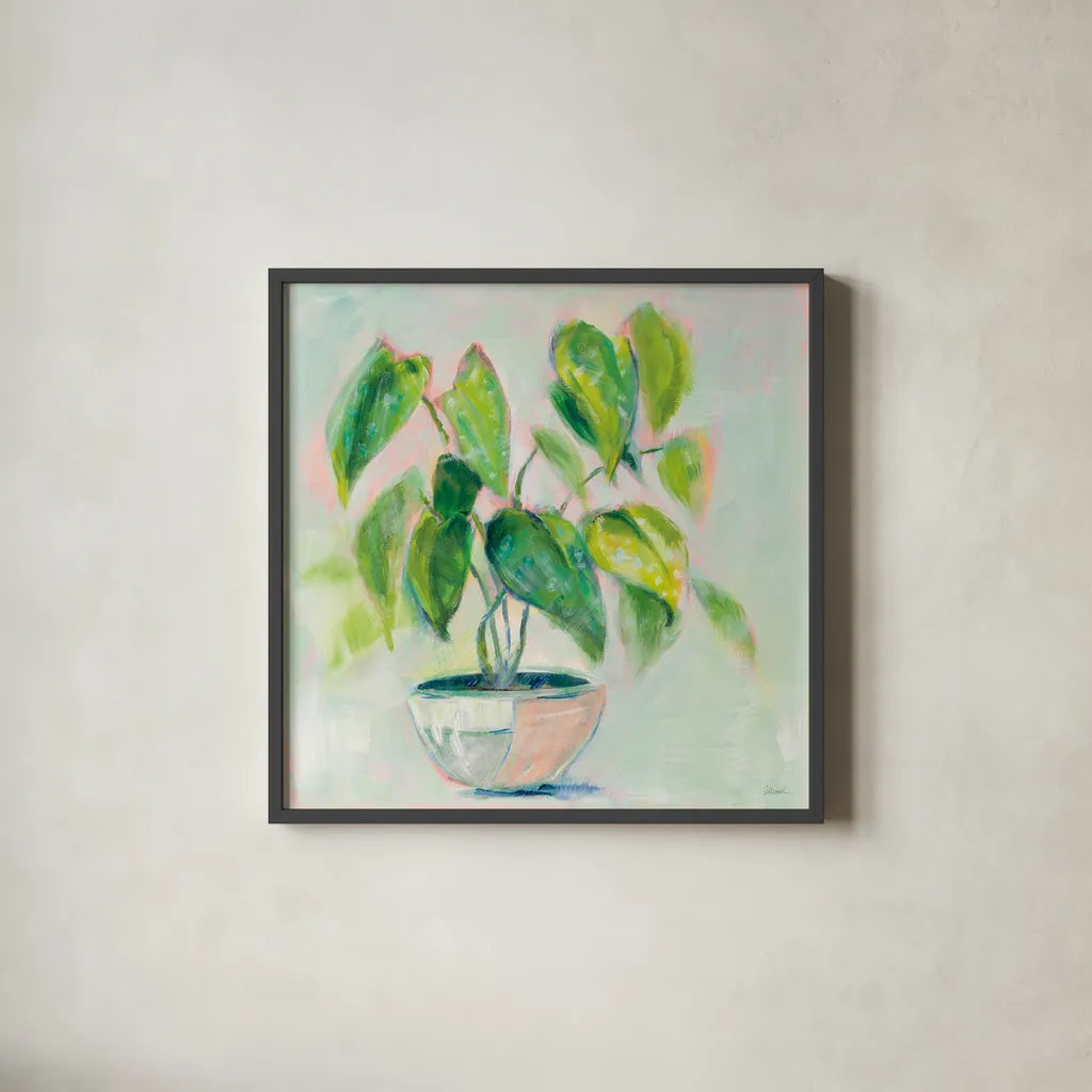 Indoor Happiness by Sue Schlabach. Shown in a sleek black glass frame for a contemporary gallery look. Available as an archival giclee rolled canvas, fine art paper, or poster print. SKU 54541a.