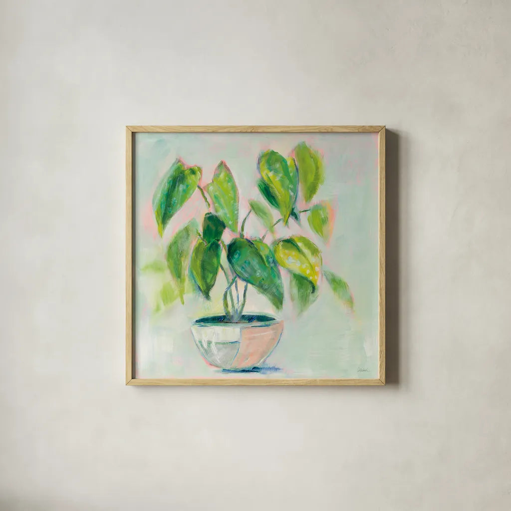 Indoor Happiness by Sue Schlabach. Shown in a natural wood glass frame for a timeless modern aesthetic. Available as an archival giclee rolled canvas, fine art paper, or poster print. SKU 54541a.