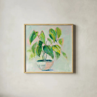 Indoor Happiness by Sue Schlabach. Shown in a natural wood glass frame for a timeless modern aesthetic. Available as an archival giclee rolled canvas, fine art paper, or poster print. SKU 54541a.