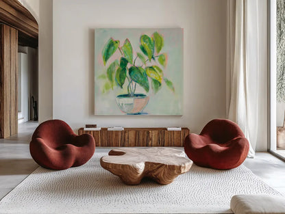 Indoor Happiness by Sue Schlabach. Shown as extra-large giant wall art in a modern living room. Available as an archival giclee rolled canvas, fine art paper, or poster print. SKU 54541a.