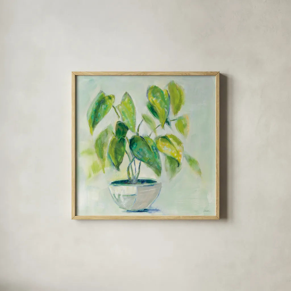 Indoor Happiness Neutral by Sue Schlabach. Shown in a natural wood glass frame for a timeless modern aesthetic. Available as an archival giclee rolled canvas, fine art paper, or poster print. SKU 63063a.