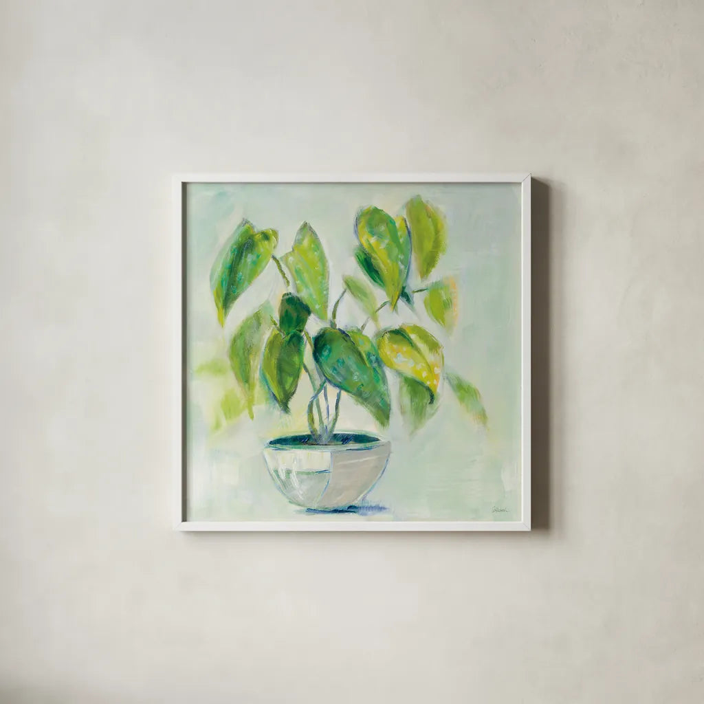 Indoor Happiness Neutral by Sue Schlabach. Shown in a crisp white glass frame for a clean and minimalist style. Available as an archival giclee rolled canvas, fine art paper, or poster print. SKU 63063a.