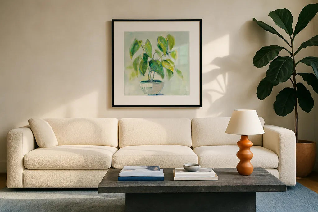Indoor Happiness Neutral by Sue Schlabach. Displayed in a glass frame with matte in a clean modern living room. Available as an archival giclee rolled canvas, fine art paper, or poster print. SKU 63063a.