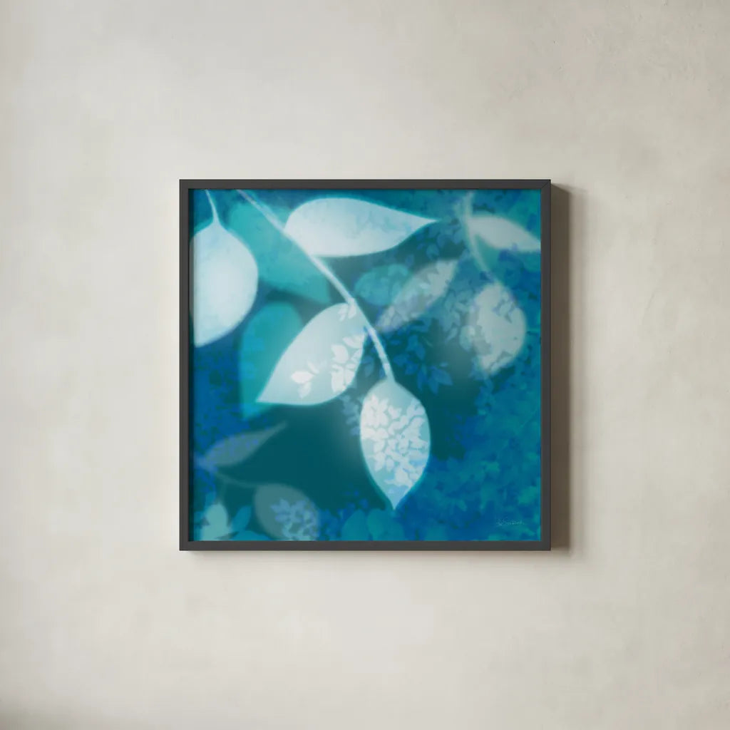 Ink Leaves I by Sue Schlabach. Shown in a sleek black glass frame for a contemporary gallery look. Available as an archival giclee rolled canvas, fine art paper, or poster print. SKU 32439a.