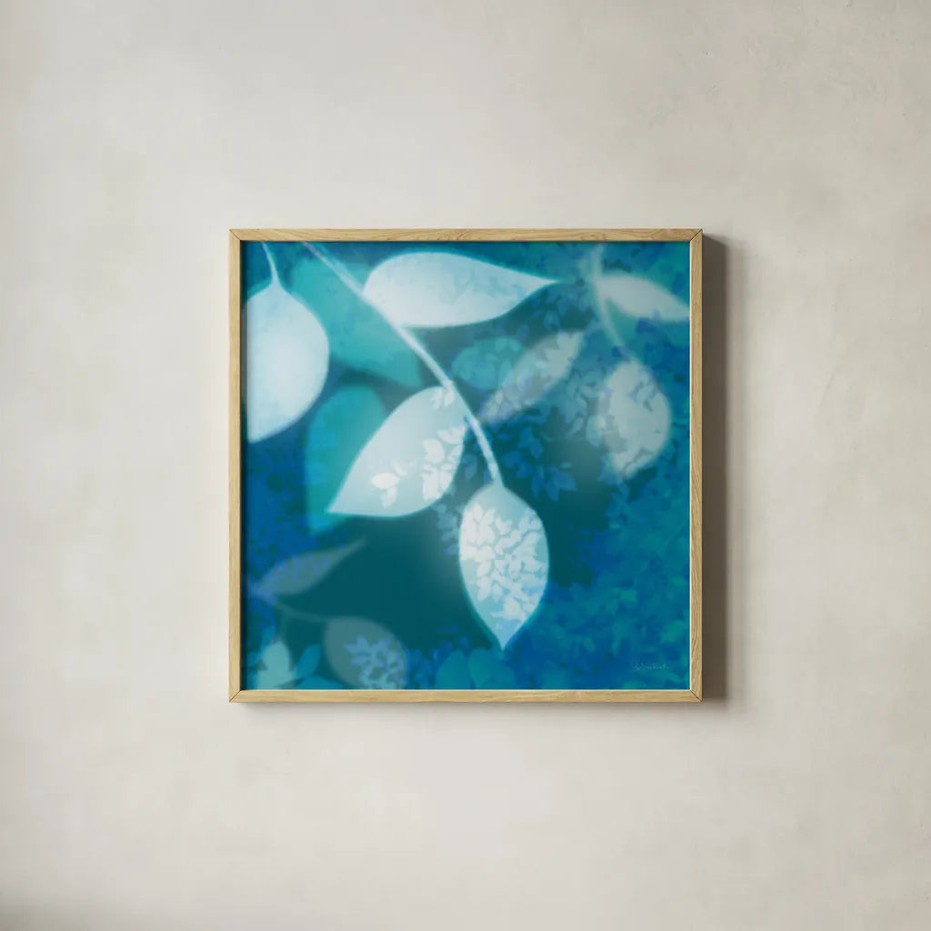 Ink Leaves I by Sue Schlabach. Shown in a natural wood glass frame for a timeless modern aesthetic. Available as an archival giclee rolled canvas, fine art paper, or poster print. SKU 32439a.