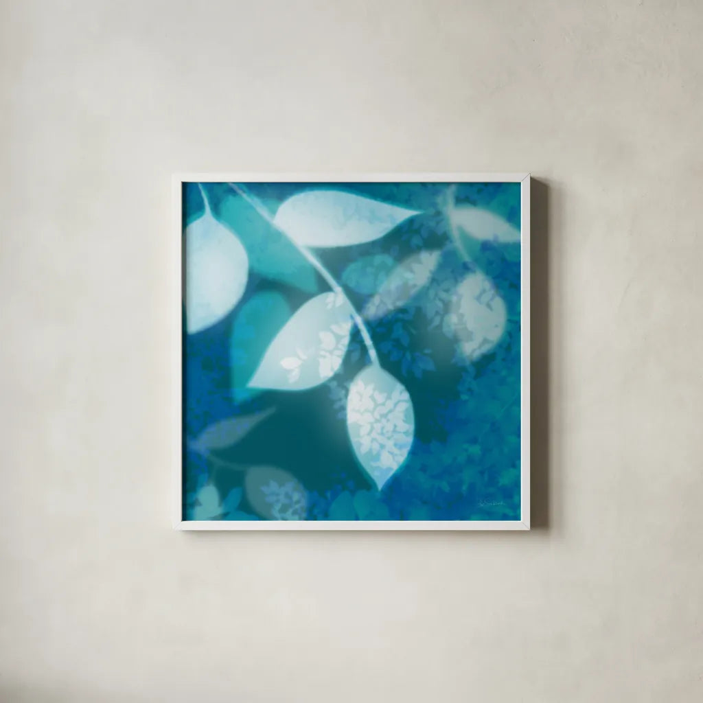 Ink Leaves I by Sue Schlabach. Shown in a crisp white glass frame for a clean and minimalist style. Available as an archival giclee rolled canvas, fine art paper, or poster print. SKU 32439a.