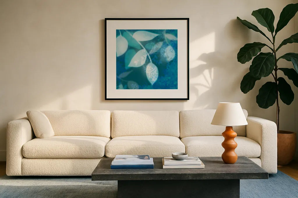 Ink Leaves I by Sue Schlabach. Displayed in a glass frame with matte in a clean modern living room. Available as an archival giclee rolled canvas, fine art paper, or poster print. SKU 32439a.
