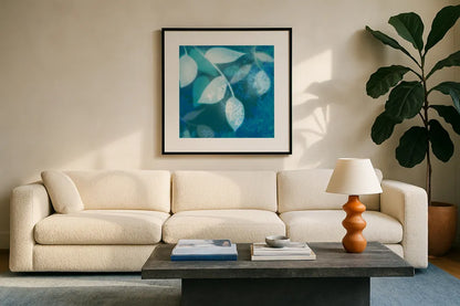 Ink Leaves I by Sue Schlabach. Displayed in a glass frame with matte in a clean modern living room. Available as an archival giclee rolled canvas, fine art paper, or poster print. SKU 32439a.