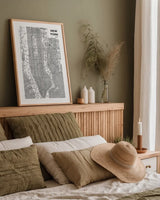 Inverted New York Map by Sue Schlabach. shown as a paper print in a natural frame. Available as a archival giclee rolled canvas, fine art paper, or poster print. SKU 70219h.