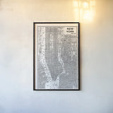 Inverted New York Map by Sue Schlabach. shown as a paper print in a black flame. Available as a archival giclee rolled canvas, fine art paper, or poster print. SKU 70219h.