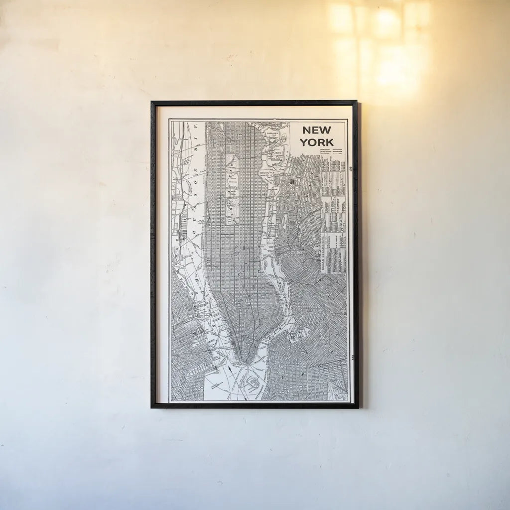 Inverted New York Map by Sue Schlabach. shown as a paper print in a black flame. Available as a archival giclee rolled canvas, fine art paper, or poster print. SKU 70219h.