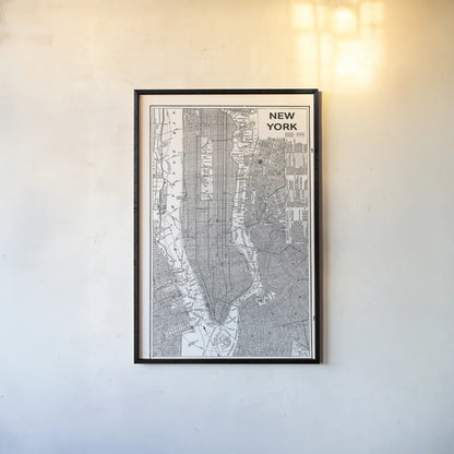 Inverted New York Map by Sue Schlabach. shown as a paper print in a black flame. Available as a archival giclee rolled canvas, fine art paper, or poster print. SKU 70219h.