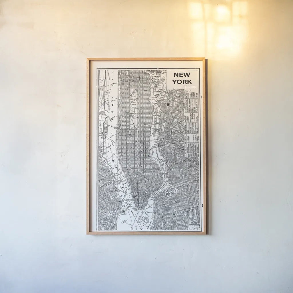 Inverted New York Map by Sue Schlabach. shown as a paper print in a natural frame. Available as a archival giclee rolled canvas, fine art paper, or poster print. SKU 70219h.
