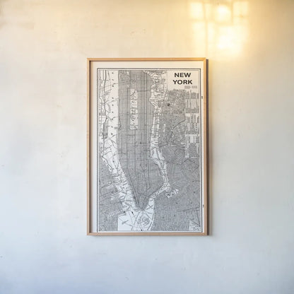 Inverted New York Map by Sue Schlabach. shown as a paper print in a natural frame. Available as a archival giclee rolled canvas, fine art paper, or poster print. SKU 70219h.