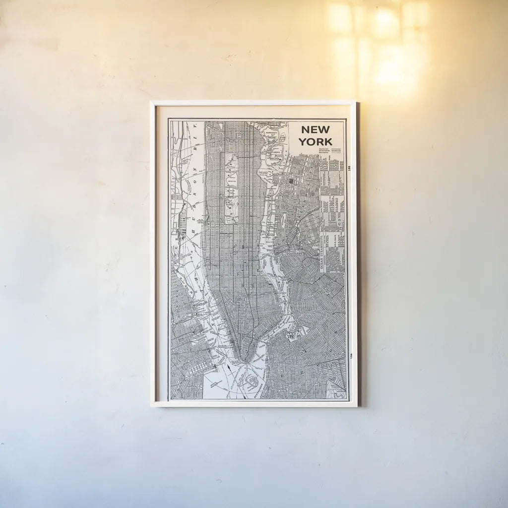 Inverted New York Map by Sue Schlabach. shown as a paper print in a white frame. Available as a archival giclee rolled canvas, fine art paper, or poster print. SKU 70219h.