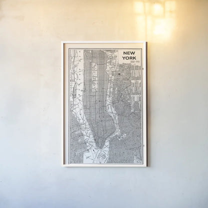 Inverted New York Map by Sue Schlabach. shown as a paper print in a white frame. Available as a archival giclee rolled canvas, fine art paper, or poster print. SKU 70219h.