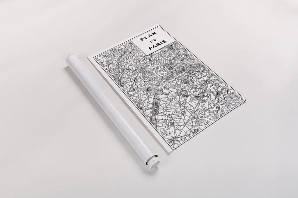 Inverted Paris Map by Sue Schlabach. shown as a rolled paper print. Available as archival giclee rolled canvas, fine art paper, or poster print. SKU 70218h.