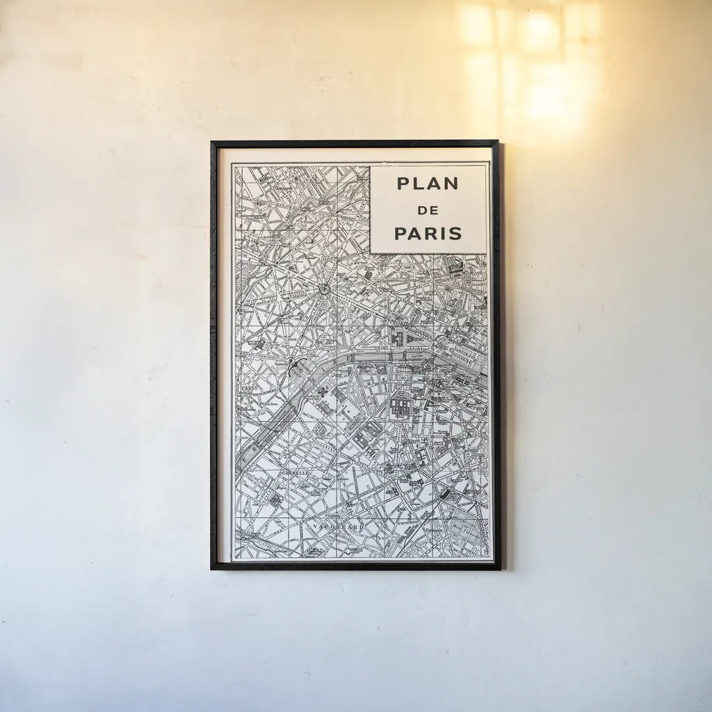 Inverted Paris Map by Sue Schlabach. shown as a paper print in a black flame. Available as a archival giclee rolled canvas, fine art paper, or poster print. SKU 70218h.