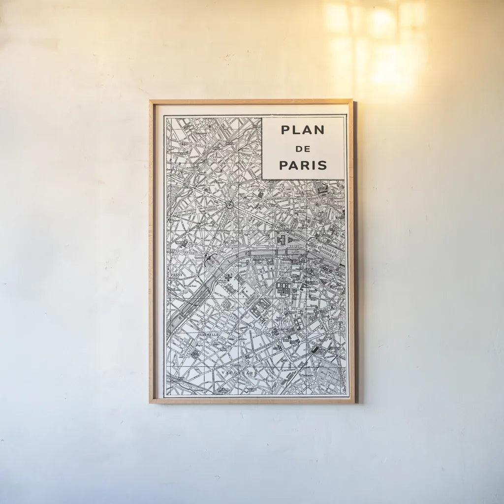Inverted Paris Map by Sue Schlabach. shown as a paper print in a natural frame. Available as a archival giclee rolled canvas, fine art paper, or poster print. SKU 70218h.