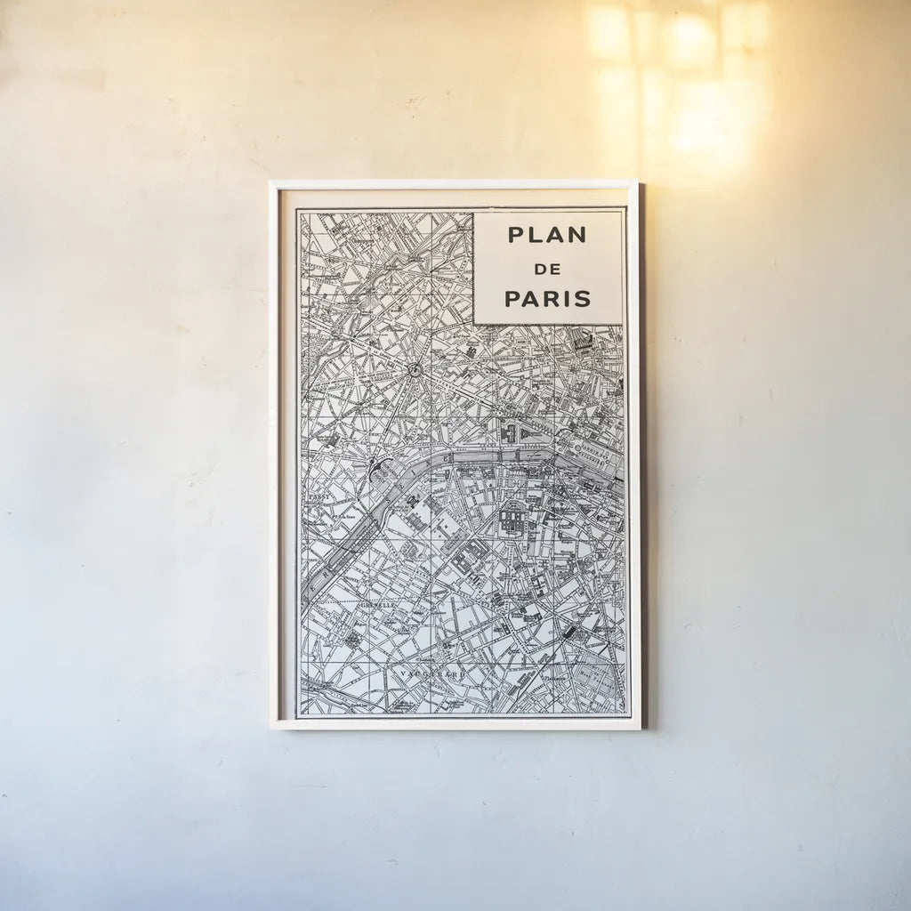 Inverted Paris Map by Sue Schlabach. shown as a paper print in a white frame. Available as a archival giclee rolled canvas, fine art paper, or poster print. SKU 70218h.