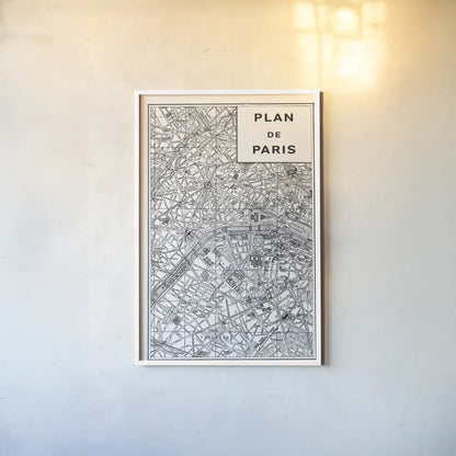 Inverted Paris Map by Sue Schlabach. shown as a paper print in a white frame. Available as a archival giclee rolled canvas, fine art paper, or poster print. SKU 70218h.