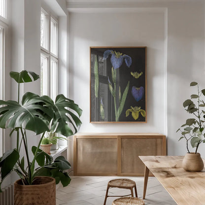Iris Chart by Sue Schlabach. shown as a print in a natural wood frame in a dining room. Available as a archival giclee rolled canvas, fine art paper, or poster print. SKU 18234h.