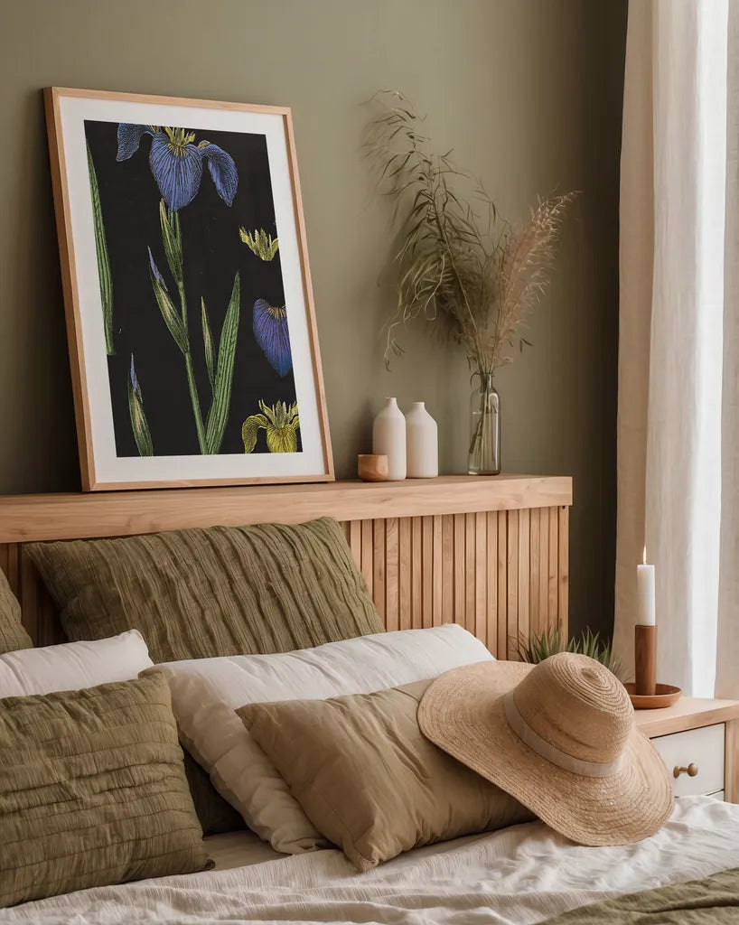 Iris Chart by Sue Schlabach. shown as a paper print in a natural frame. Available as a archival giclee rolled canvas, fine art paper, or poster print. SKU 18234h.