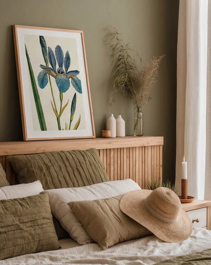 Iris Letter No Words by Sue Schlabach. shown as a paper print in a natural frame. Available as a archival giclee rolled canvas, fine art paper, or poster print. SKU 44800h.