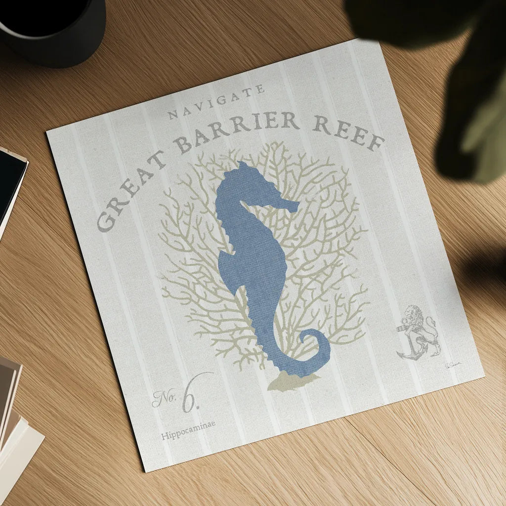 Island Findings I Blue by Sue Schlabach. Shown as a detailed flat fine art print, highlighting archival giclee quality. Available as an archival giclee rolled canvas, fine art paper, or poster print. SKU 87625a.