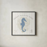 Island Findings I Blue by Sue Schlabach. Shown in a sleek black glass frame for a contemporary gallery look. Available as an archival giclee rolled canvas, fine art paper, or poster print. SKU 87625a.