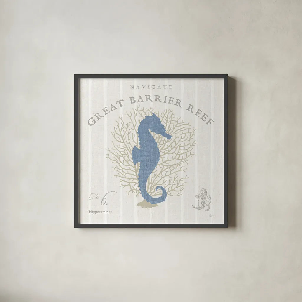 Island Findings I Blue by Sue Schlabach. Shown in a sleek black glass frame for a contemporary gallery look. Available as an archival giclee rolled canvas, fine art paper, or poster print. SKU 87625a.