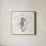 Island Findings I Blue by Sue Schlabach. Shown in a natural wood glass frame for a timeless modern aesthetic. Available as an archival giclee rolled canvas, fine art paper, or poster print. SKU 87625a.