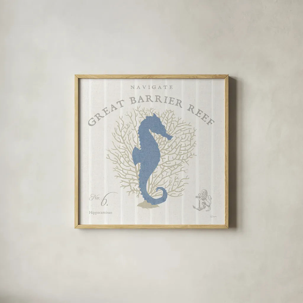 Island Findings I Blue by Sue Schlabach. Shown in a natural wood glass frame for a timeless modern aesthetic. Available as an archival giclee rolled canvas, fine art paper, or poster print. SKU 87625a.