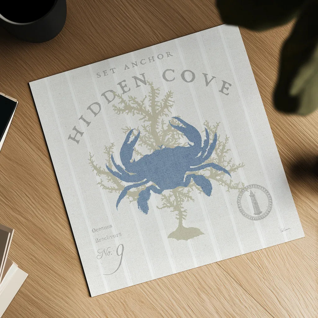 Island Findings II Blue by Sue Schlabach. Shown as a detailed flat fine art print, highlighting archival giclee quality. Available as an archival giclee rolled canvas, fine art paper, or poster print. SKU 87626a.