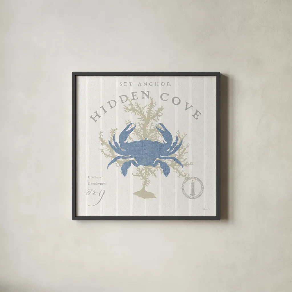 Island Findings II Blue by Sue Schlabach. Shown in a sleek black glass frame for a contemporary gallery look. Available as an archival giclee rolled canvas, fine art paper, or poster print. SKU 87626a.